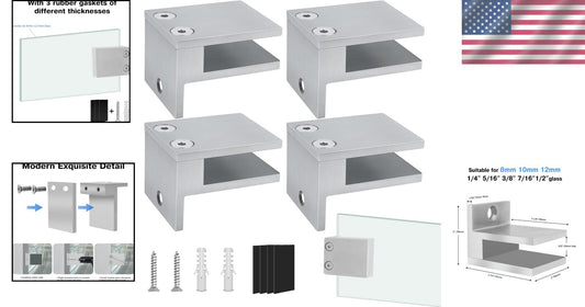 Modern Glass Railing Clamp - Stainless Steel 304 Clips with Rubber Pads, 4 Pack