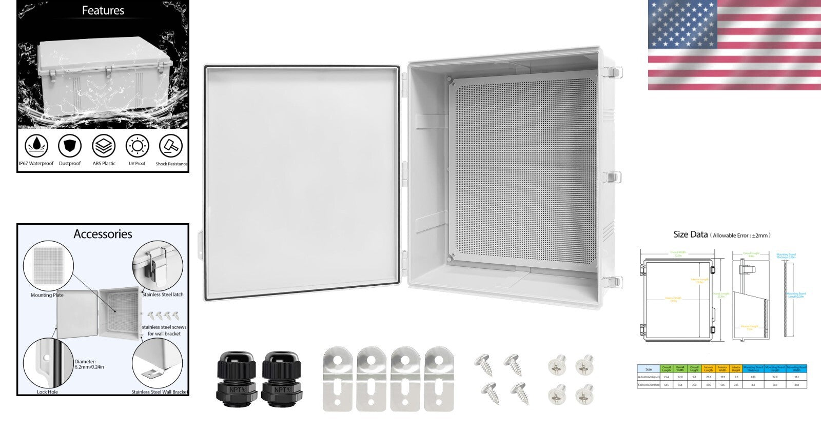 IP67 Waterproof Electrical Box - Hinged Cover with Stainless Steel Latch, 24....