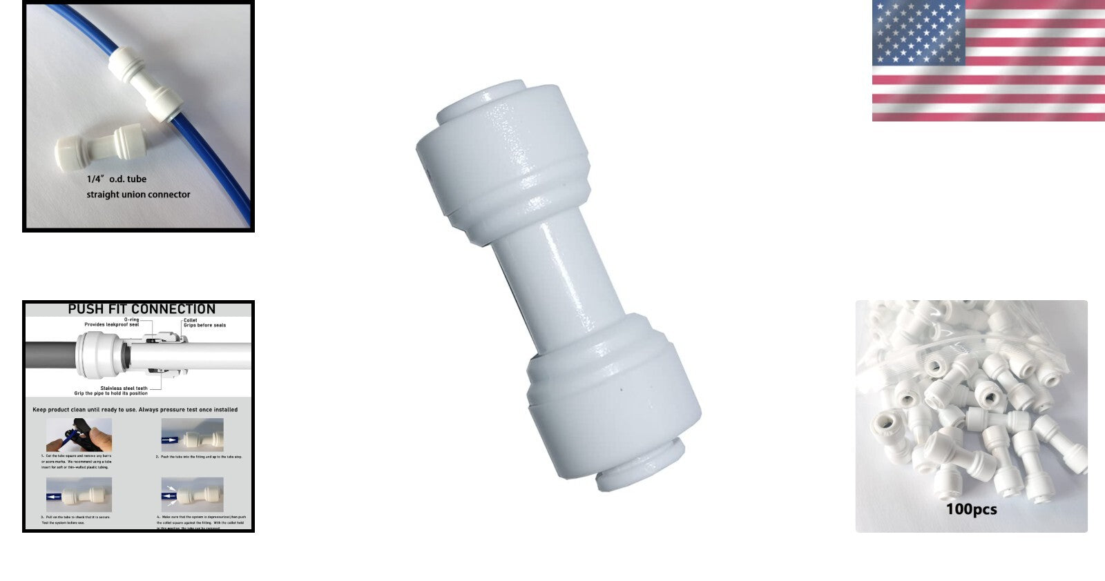Pack of 100 - 1/4" OD Push-Fit Water Purifier Straight Union Connectors