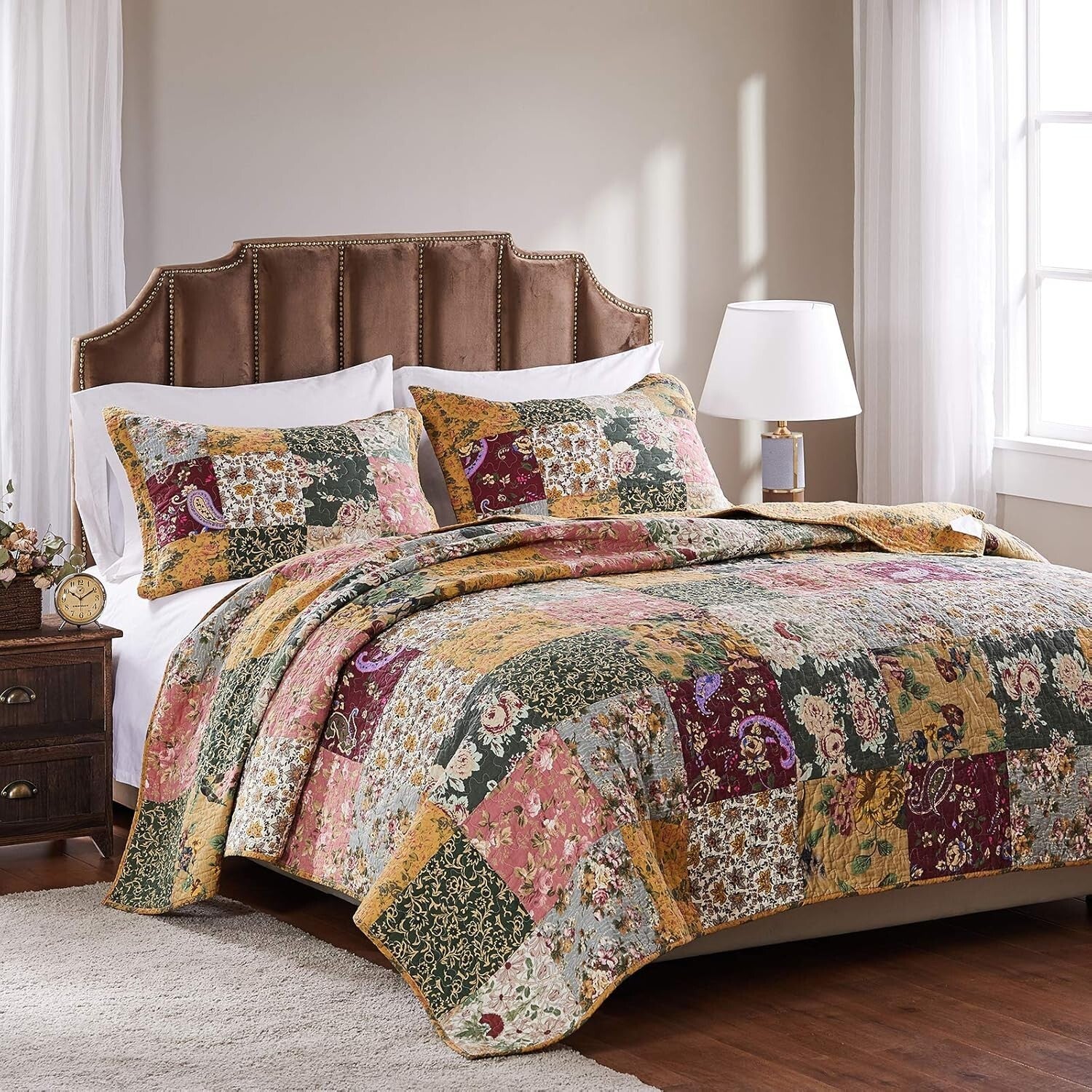 Elegant 3-Piece Full/Queen Cotton Patchwork Quilt Set - Natural Floral Design