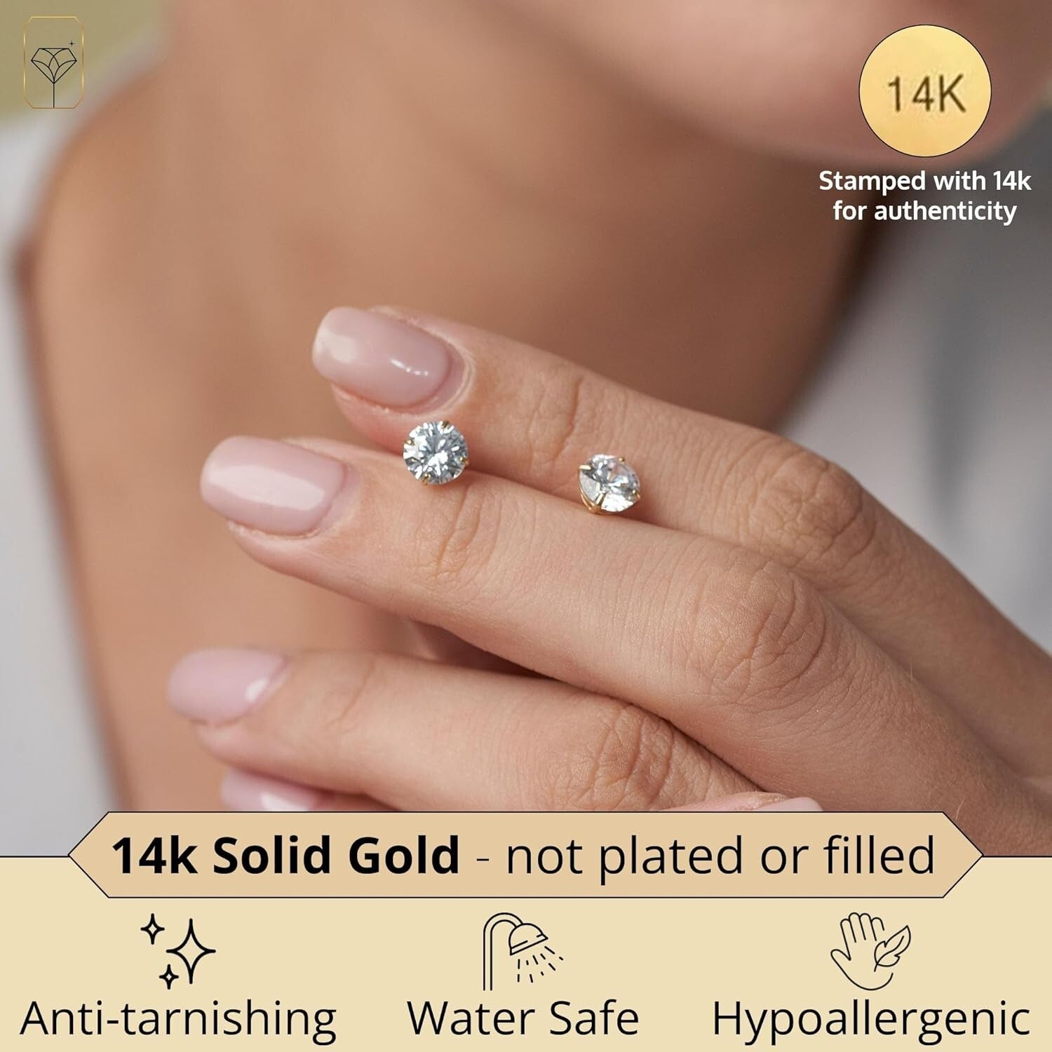Unisex 14K Gold Zirconia Studs - Waterproof, Versatile Earrings for Any Occasion