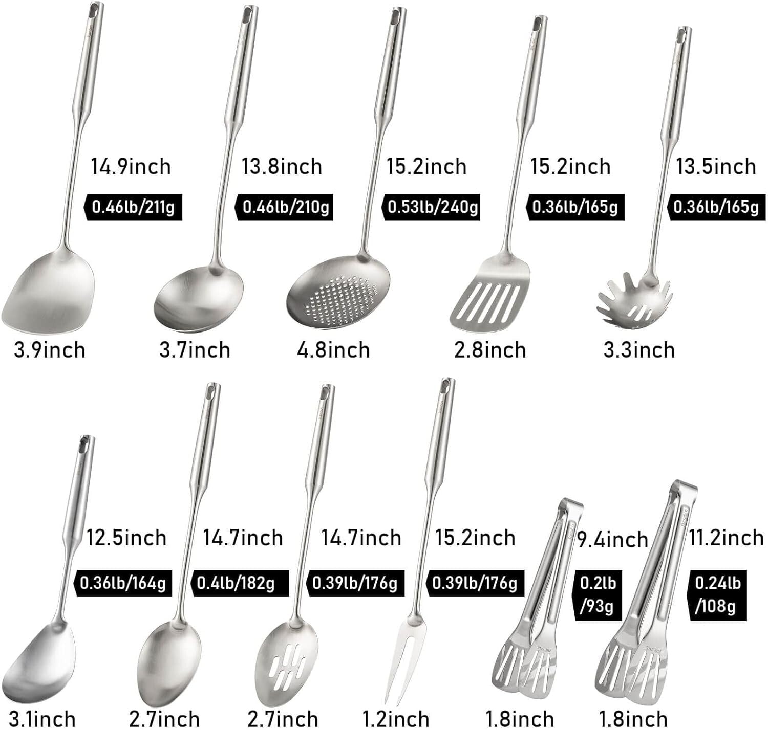 Elegant 18/10 Stainless Steel Kitchen Tools Set - 15" Long, 11 Essential Pieces