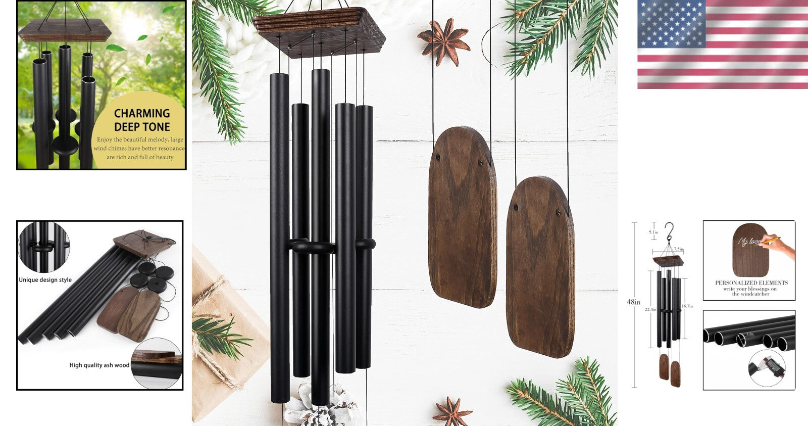 48" Large Deep Tone Wind Chimes in Black - Perfect Outdoor Decor & Memorial Gift