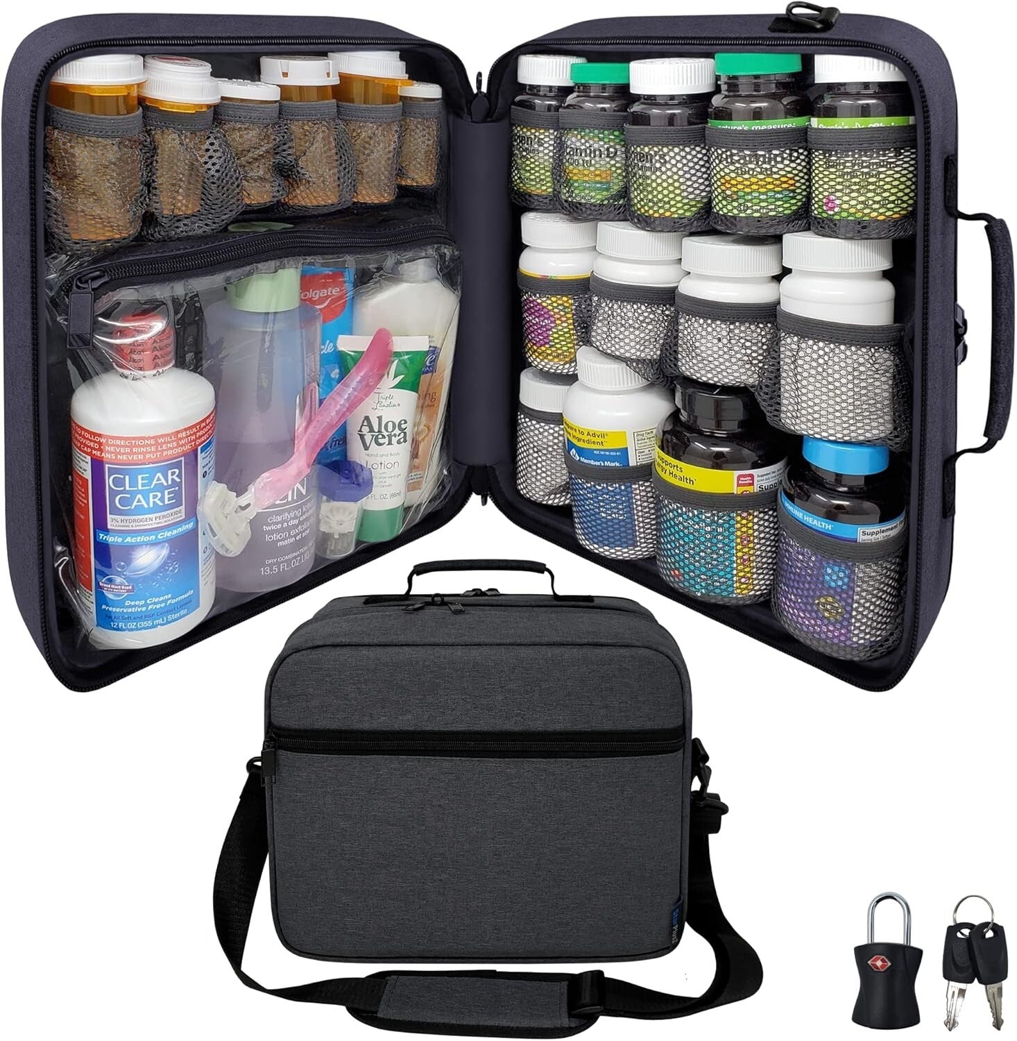 Extra-Large Pill Bottle Organizer: Travel Medicine Bag with Lock & 19 Pockets