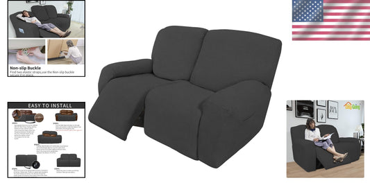 Dark Gray 6-Piece Recliner Loveseat Slipcover - Soft Stretch Sofa Protector
