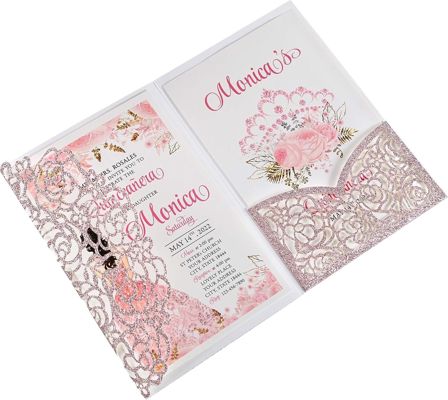 Elegant 4.7x7 Inch Rose Gold Glitter Quinceanera Invitation Kit - 50 Count