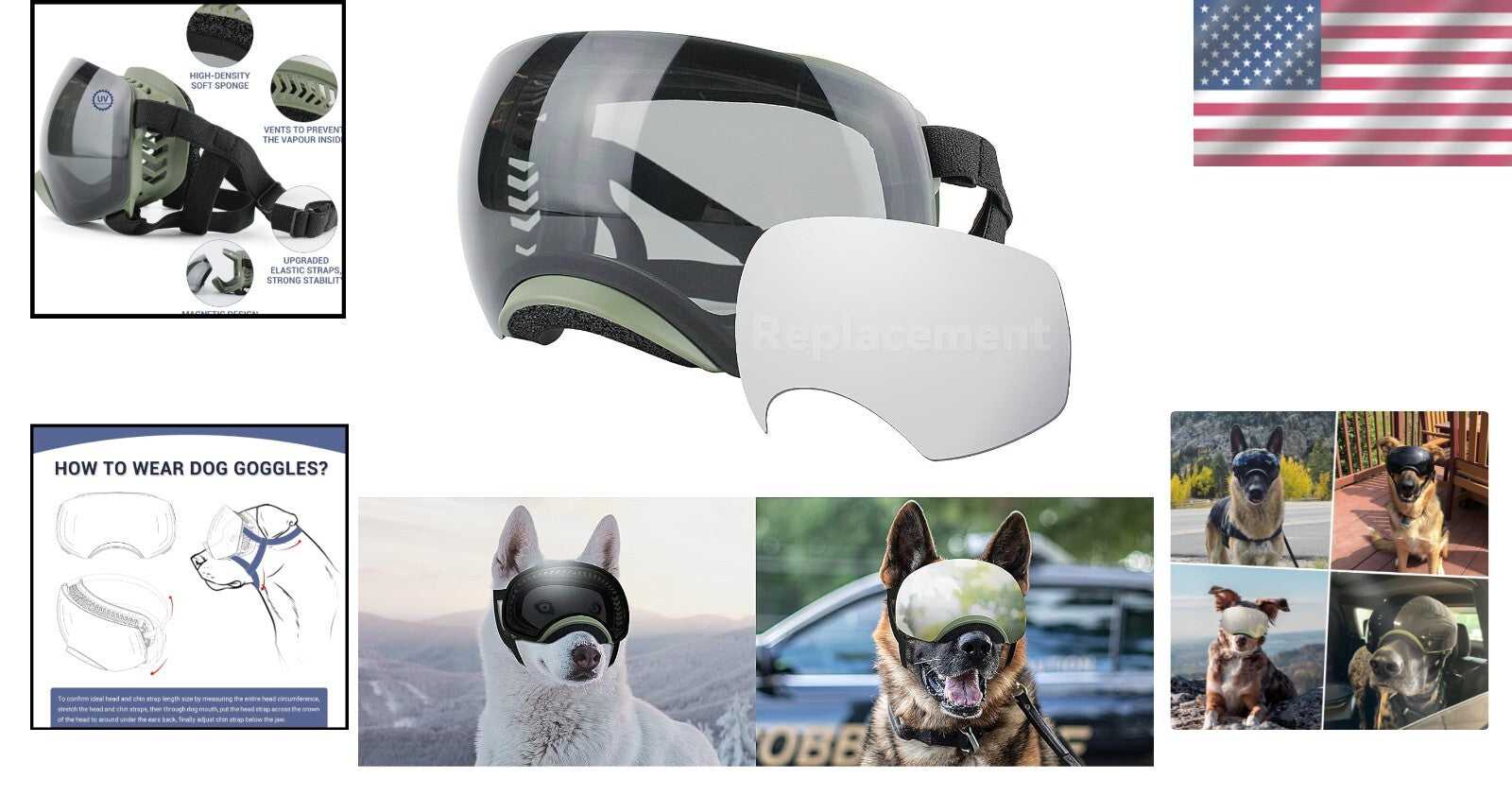 Premium UV Protection Dog Sunglasses for Medium-Large Breeds - Adjustable, Green