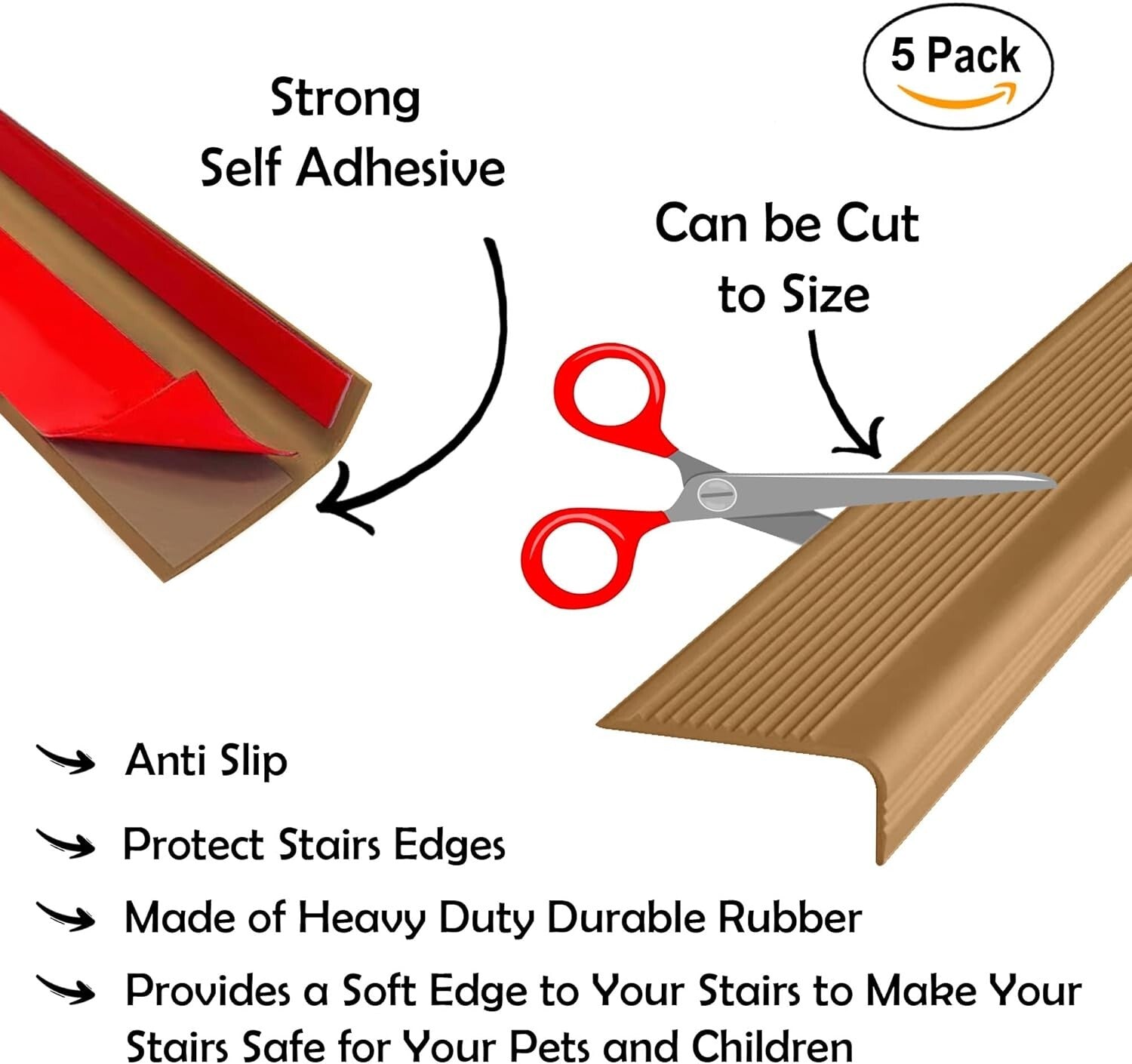 Self-Adhesive Stair Protector Strips - 5-Pack Waterproof Brown Safety Edges
