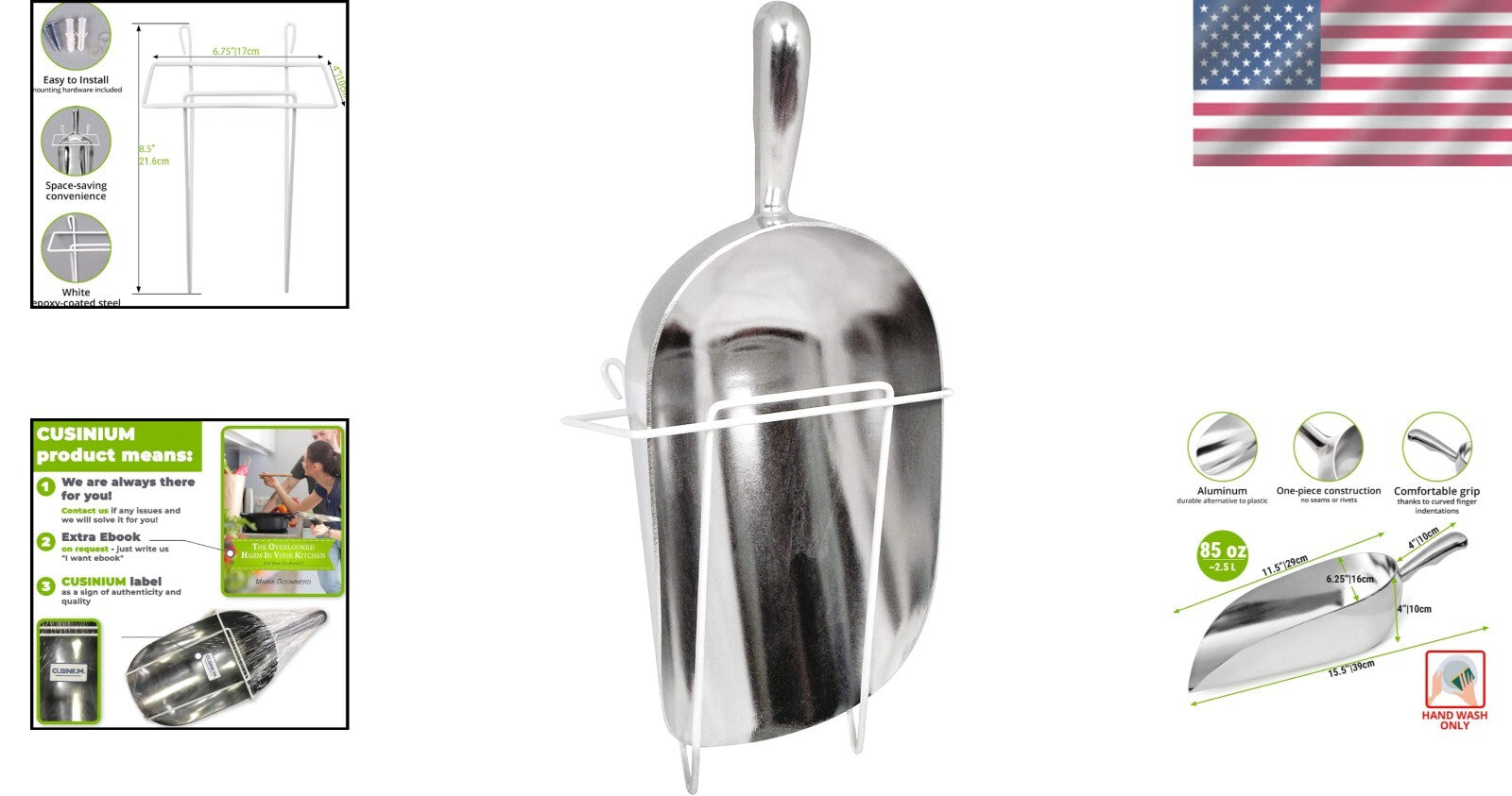 Heavy-Duty 85 oz Aluminum Scoop with Mountable Holder for Multifunctional Use