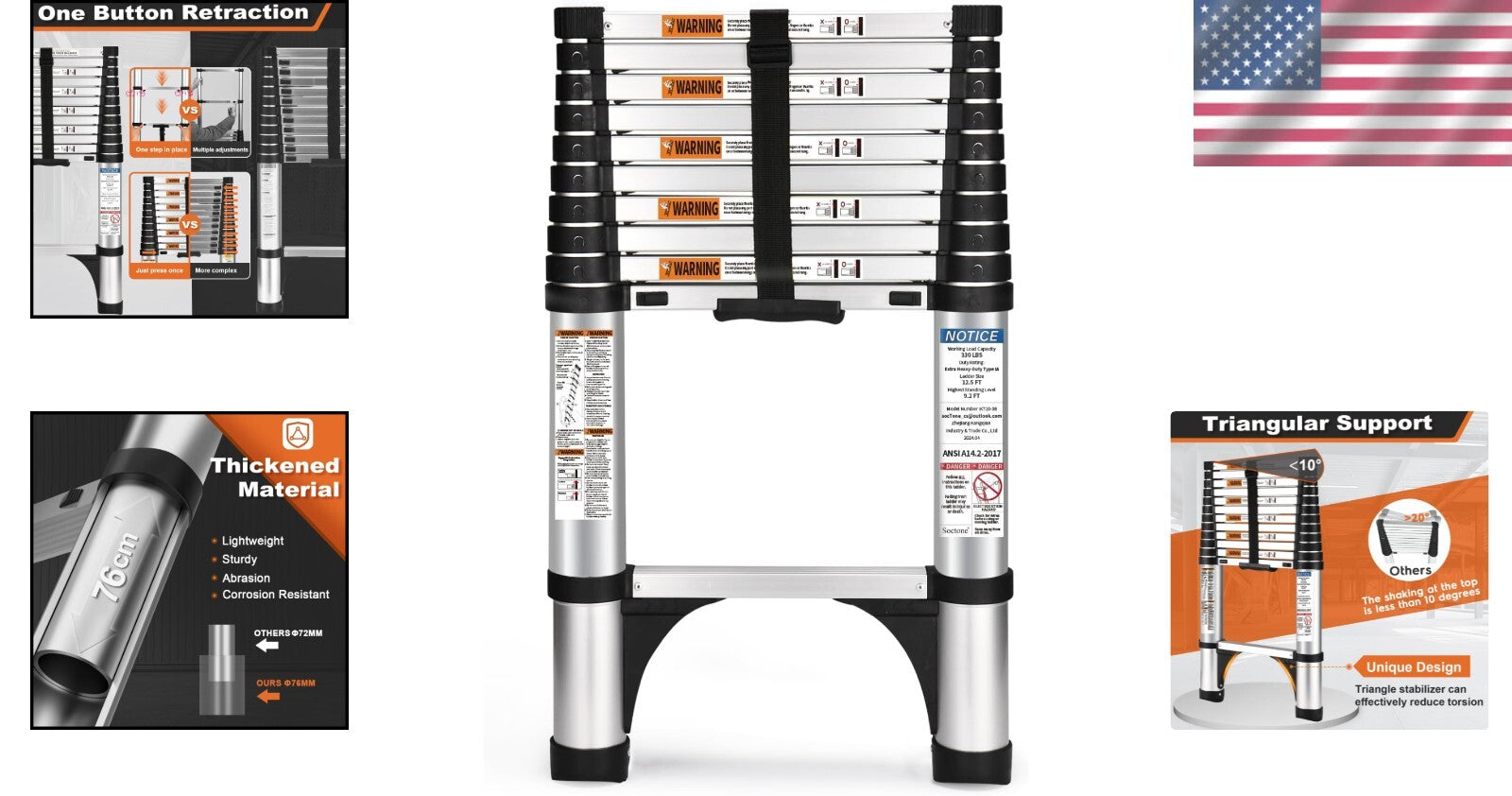 Portable Telescoping Ladder 10.5 FT, Easy Store & Transport with 2-Year Warranty