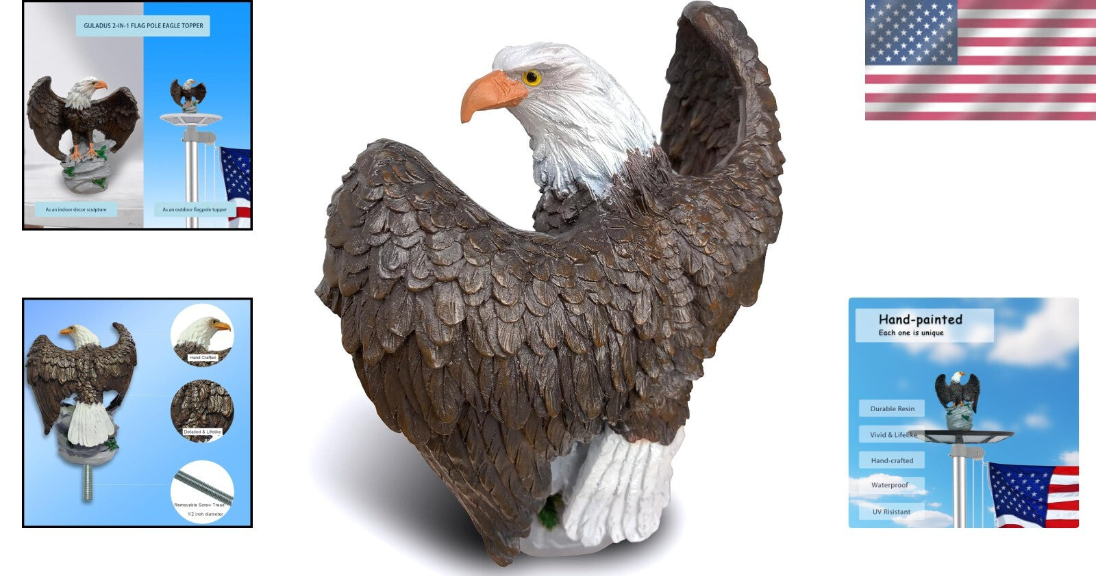 Durable 2-in-1 Bald Eagle Flag Pole Finial - 12" Resin Decor for Patriotic Homes