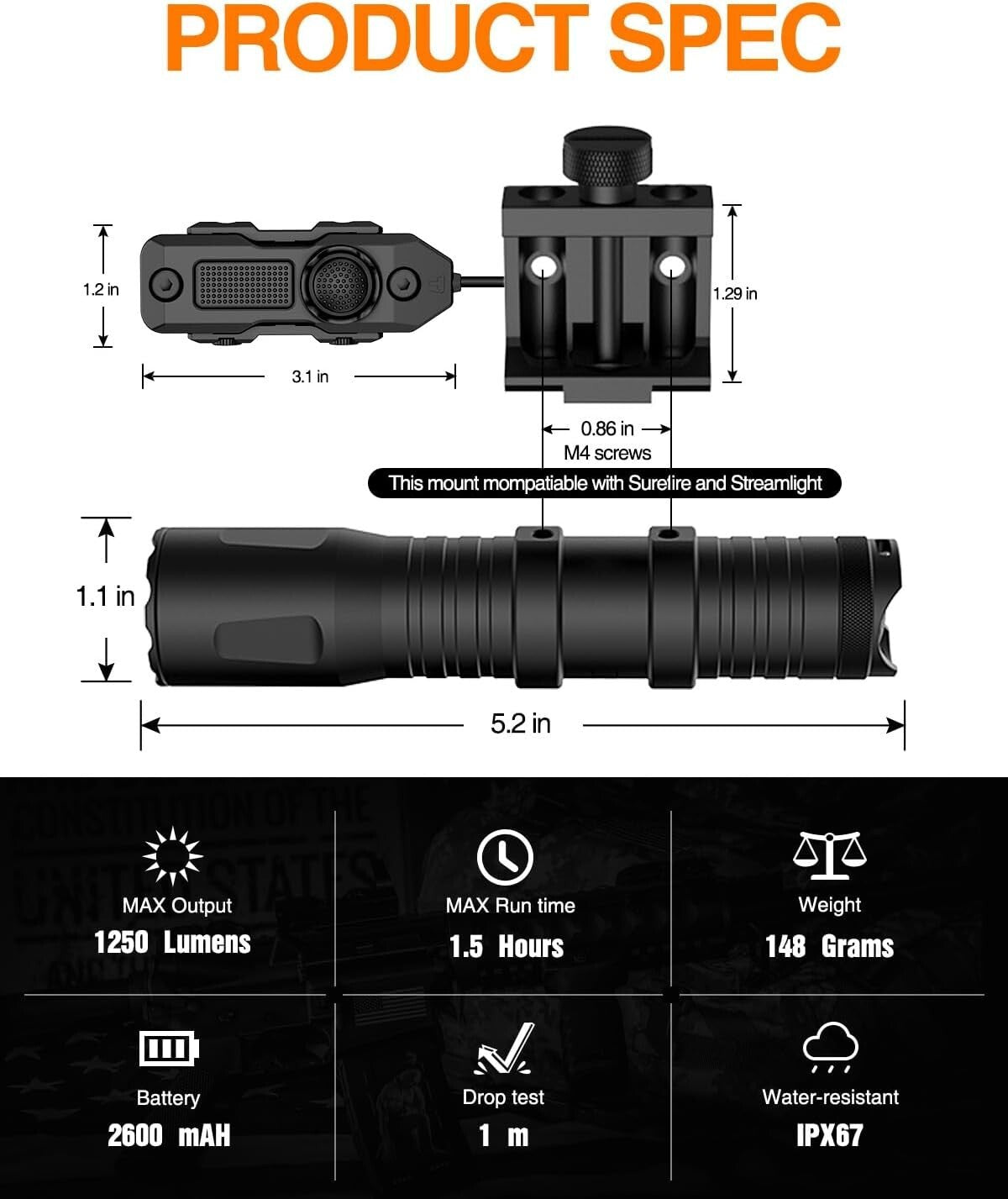 1250 Lumens Tactical Flashlight with Remote Switch - Rechargeable & Waterproof