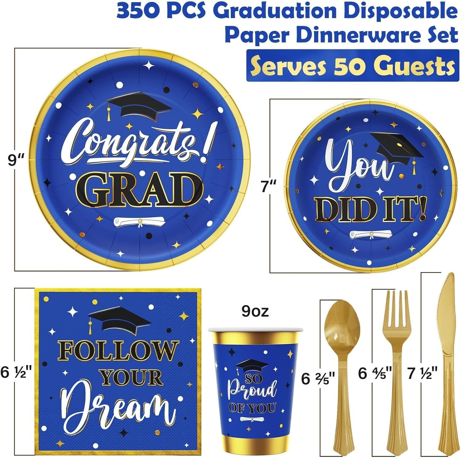 Disposable 350PCS Graduation Decorations - Blue & Gold Dinnerware for 50 Guests