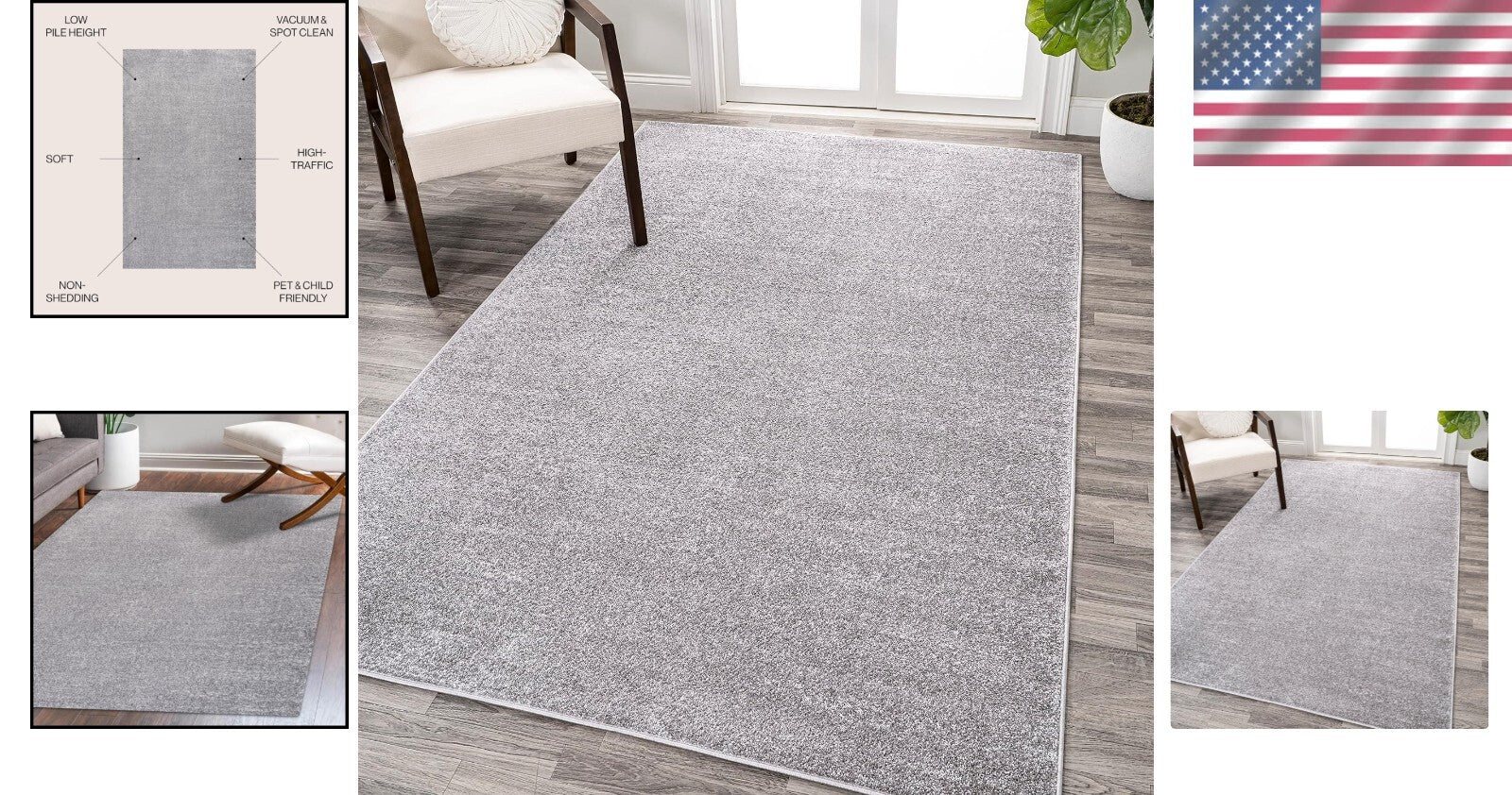 Modern Solid Grey Indoor Area Rug 4' x 6' - Low Pile, Stain Resistant & Pet Safe