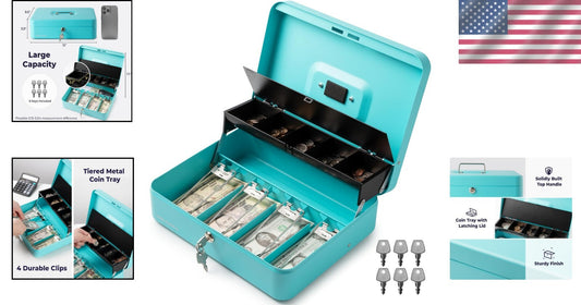 Cyan Key Lock Cash Box: Durable Portable Safe for Events - Heavy-Duty Design