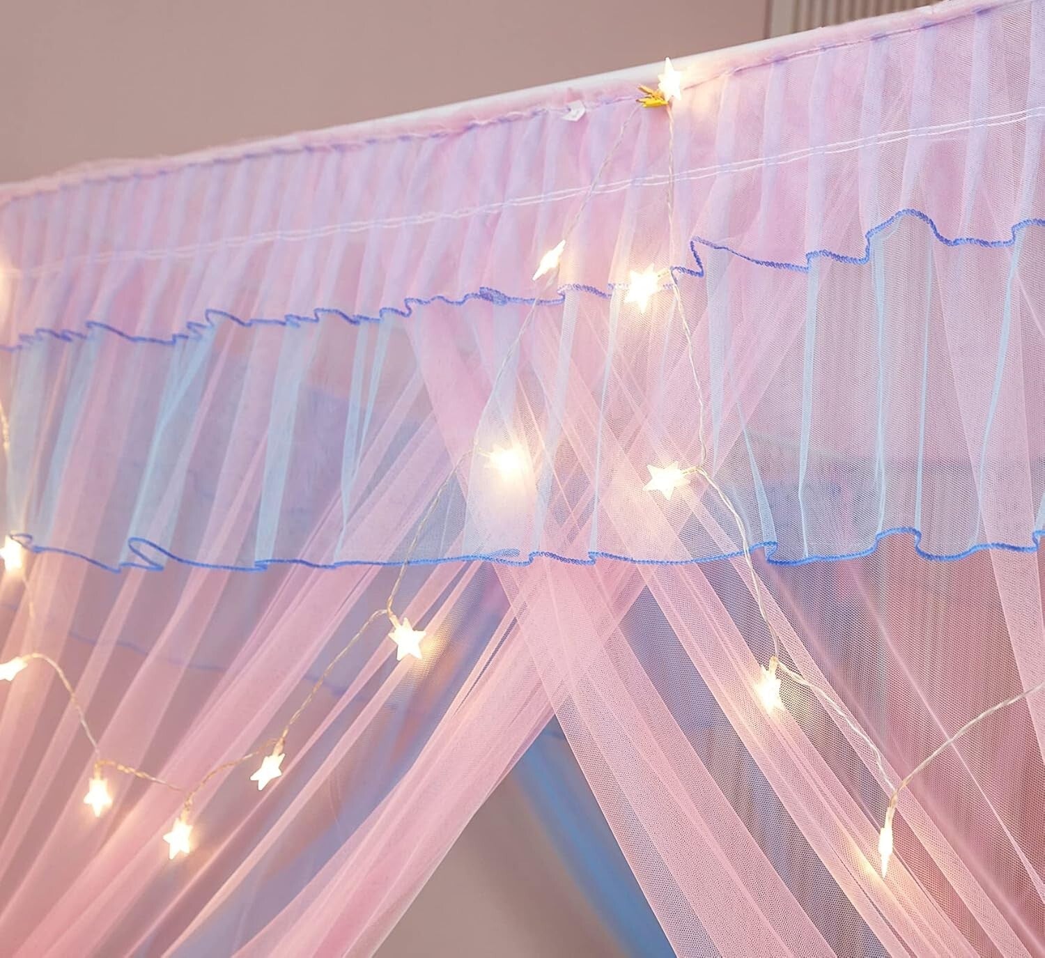 Enchanting Rainbow Canopy Bed Drapes for Girls with 2 Star Lights - Twin Size