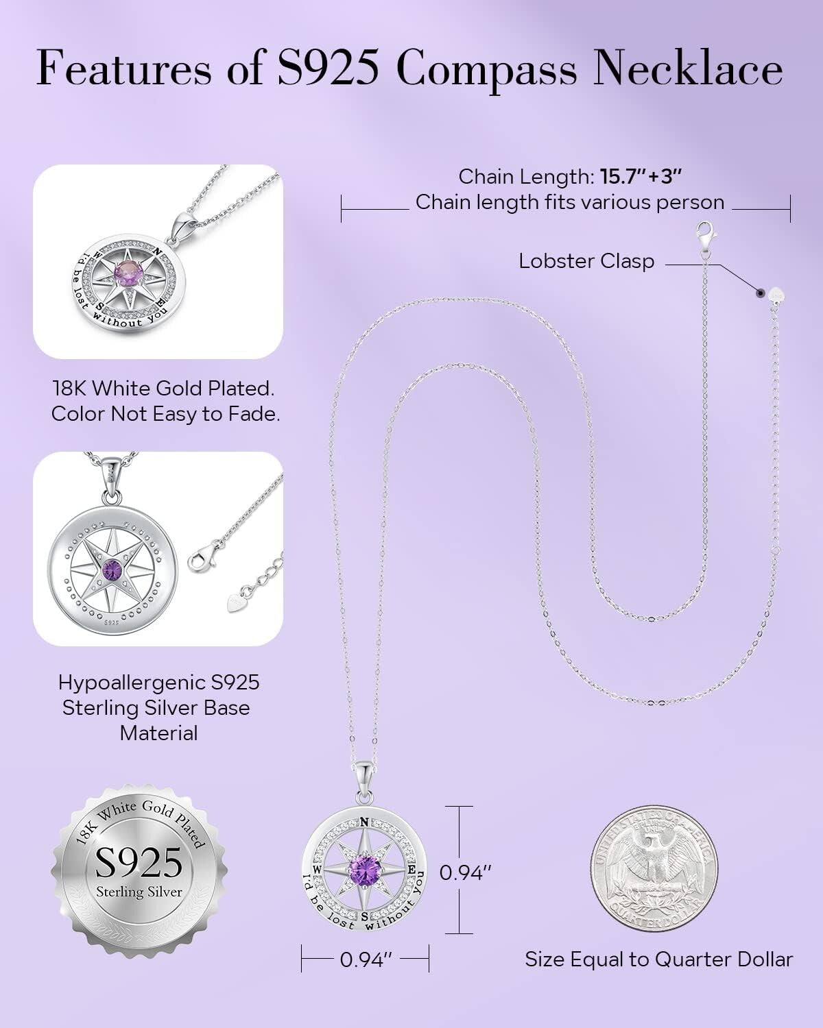 Sentimental Compass Necklace in S925 Silver: Perfect Anniversary Gift for Women