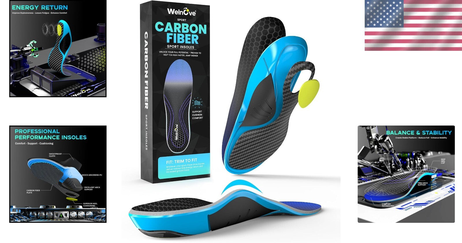 Lightweight Carbon Fiber Insoles with Shock Absorption - Ideal for Athletes - XL