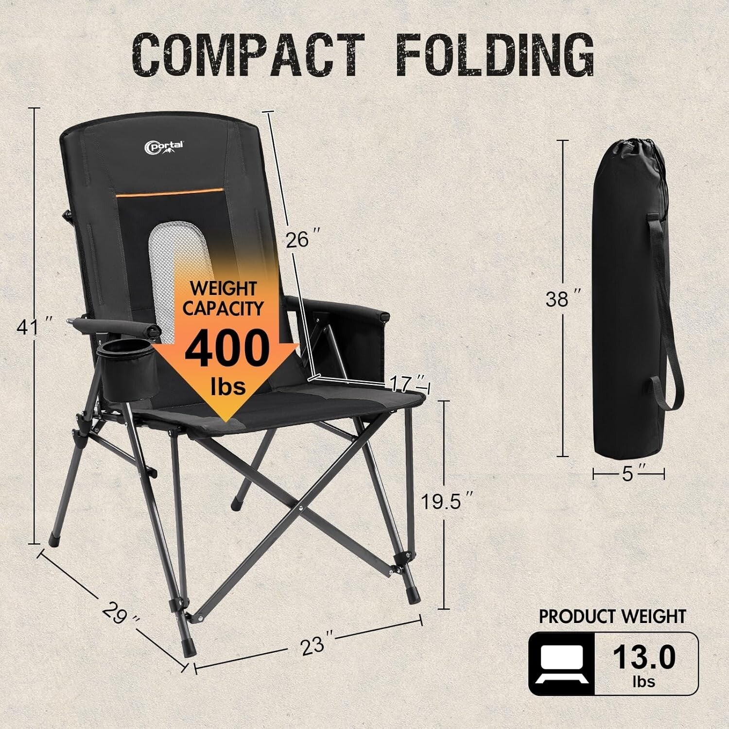 Oversized Heavy-Duty Folding Camping Chair - Supports 400lbs, High Back Comfort