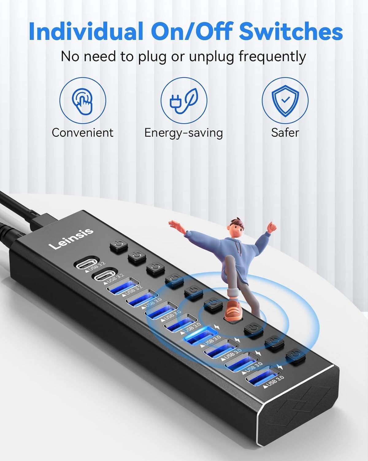 10-Port USB 3.2 Hub with Power Adapter & Individual Switches for Devices