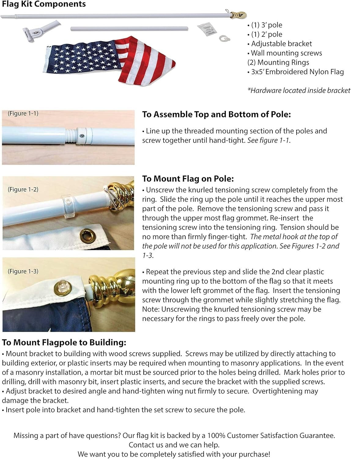 Durable 3x5 NYLON American Flag with Tangle-Free 5' Flag Pole - All Occasion Kit