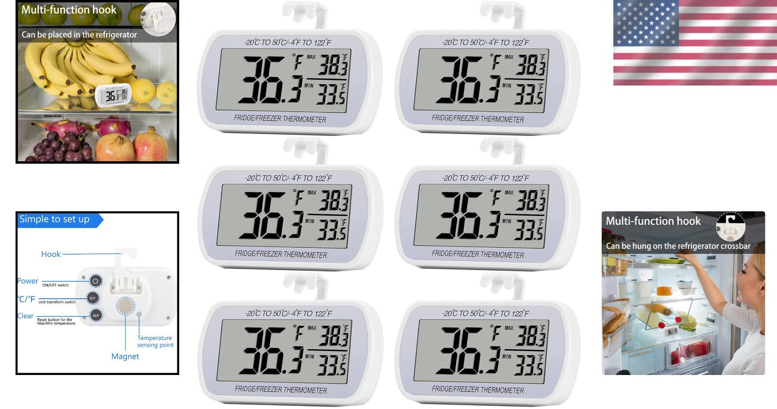 Environmentally Friendly Digital Refrigerator Thermometers - 6 Pack Waterproof