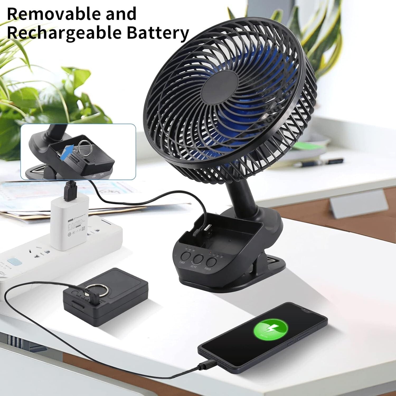 4-in-1 USB Rechargeable Fan - 8-Inch Clip, 10000mAh, 5 Speeds, 45°/90° Rotation