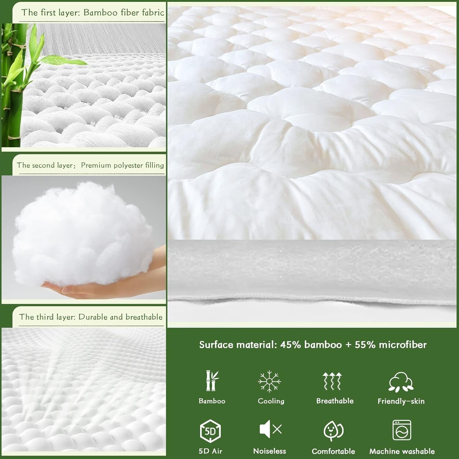 Extra Thick Quilted Twin Mattress Pad - Cooling & Breathable with 360 Protection