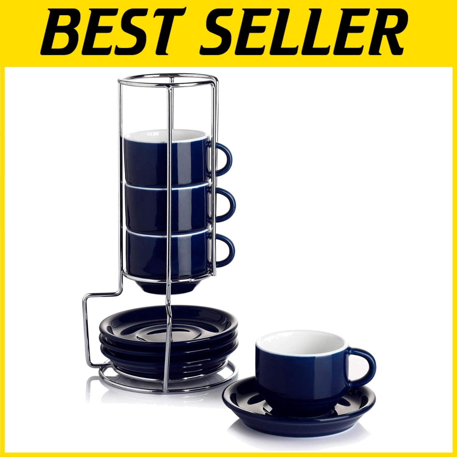 Set of 4 Stackable 4oz Espresso Cups with Saucers & Stand - Navy Comfort