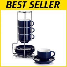 Load image into Gallery viewer, Set of 4 Stackable 4oz Espresso Cups with Saucers &amp; Stand - Navy Comfort