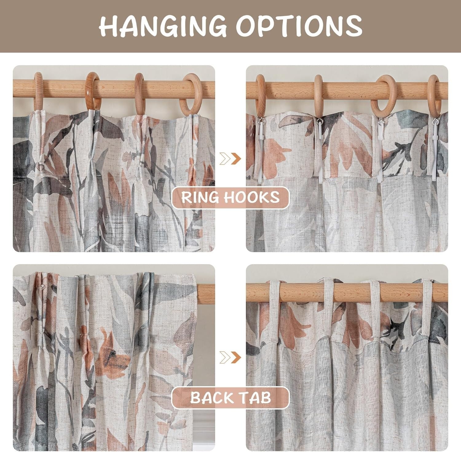 Soft Linen Blend Floral Curtains - 84 Inch Pinch Pleat for Dining & Living Rooms