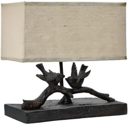 Elegant Rustic Bird Table Lamp with Antique Bronze Finish & White Shade