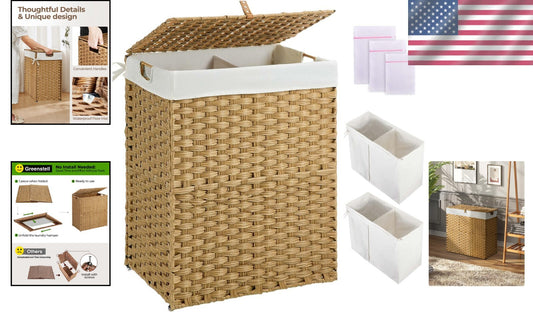 110L Handwoven Laundry Hamper with Lid & Removable Liner Bags - Natural Rattan
