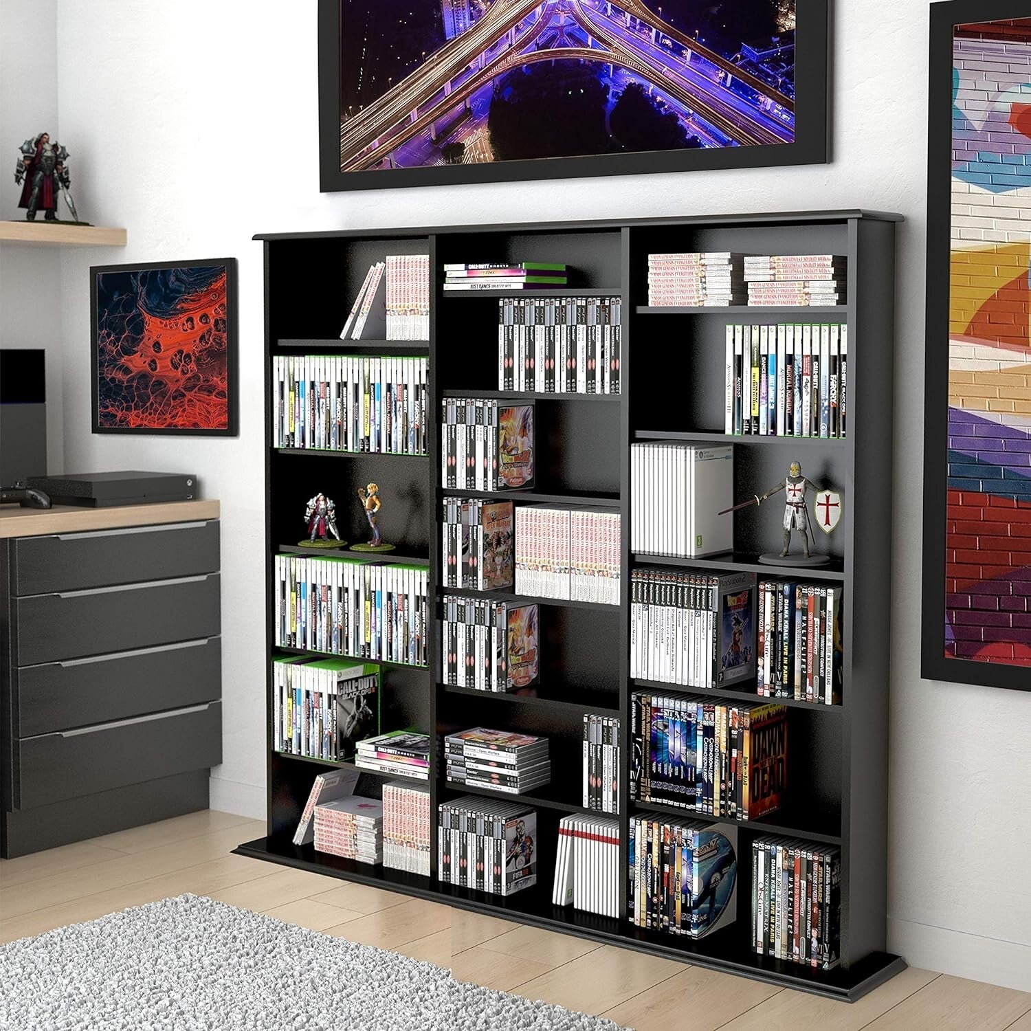 Library Style Triple Width Storage Cabinet - Adjustable Media Organizer in Black
