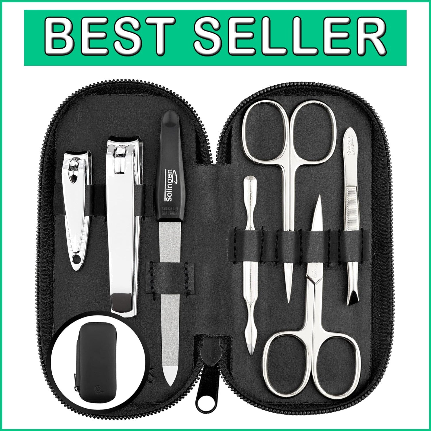7-Piece Stainless Steel Manicure Set in Nappa Black Leather - Made in Solingen
