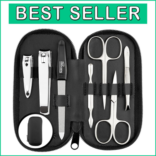 7-Piece Stainless Steel Manicure Set in Nappa Black Leather - Made in Solingen