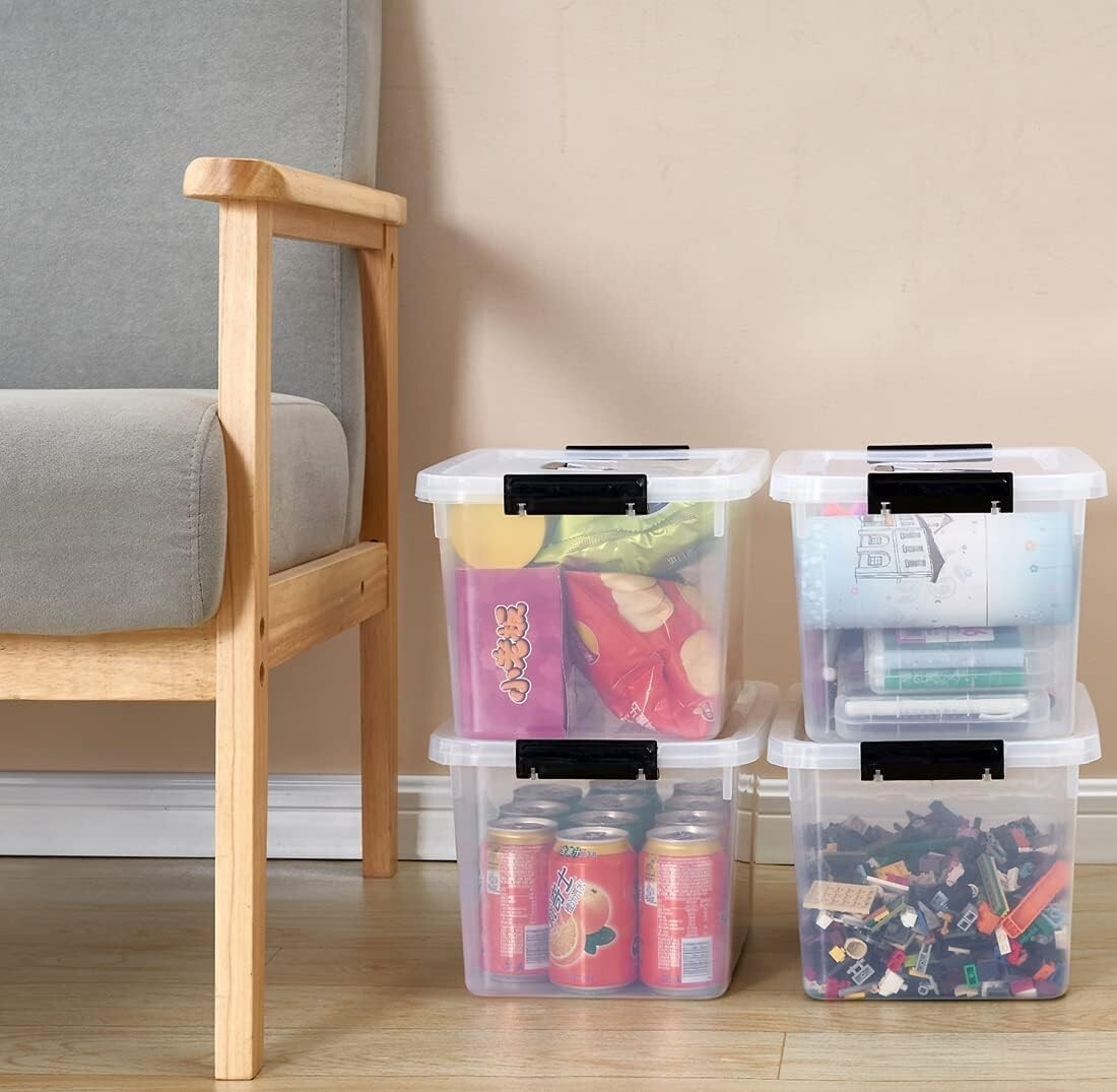 Minimalist 12 Quart Clear Storage Box Set with Latch Closure & Black Handles