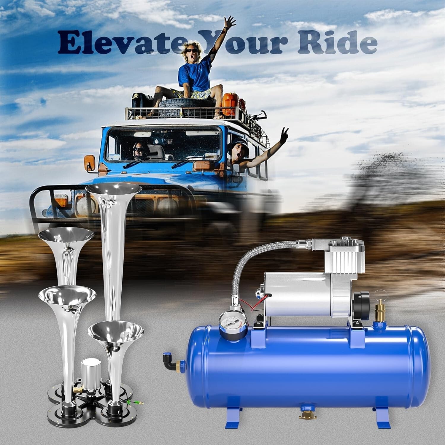 4 Trumpet Train Horn System with 150DB Sound - Portable Air Compressor Included