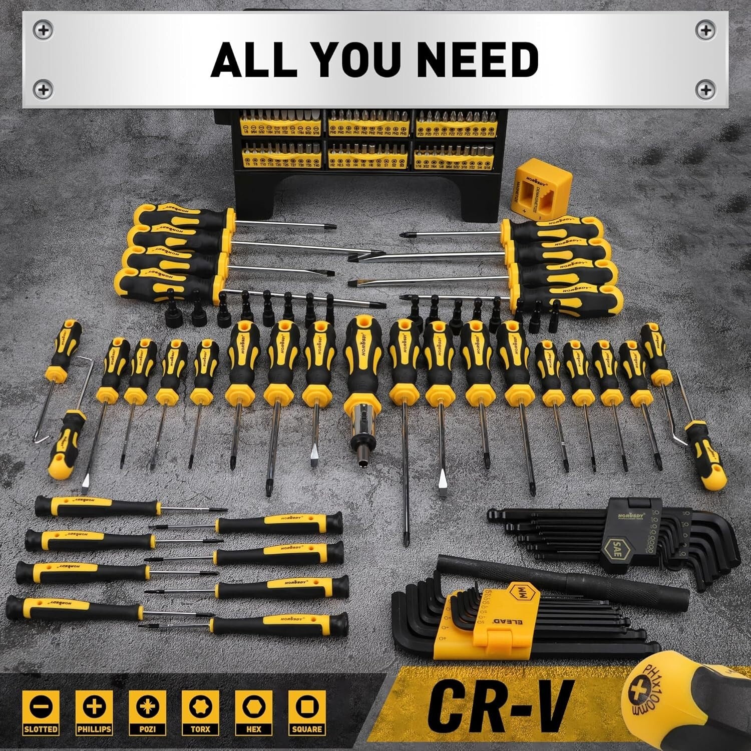 Versatile 140-Piece Tool Set with Magnetic Enhanced Screwdrivers & Racking Shelf