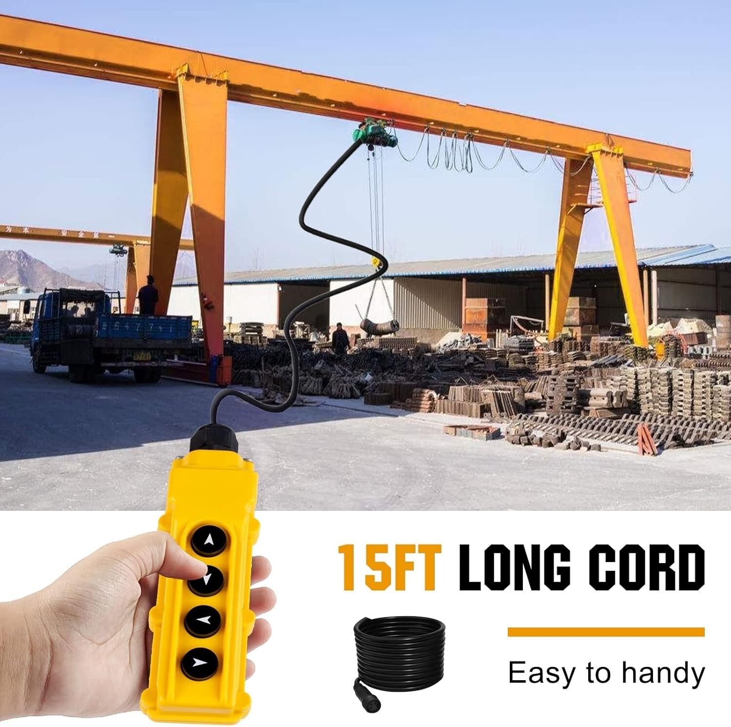4-Way Push Button Hoist Crane Remote Switch with 15FT Cord for 12V Control