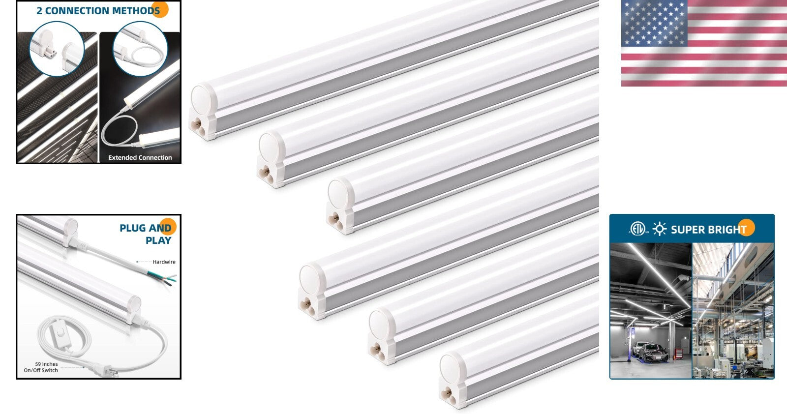 Durable T5 4FT LED Utility Light - 5000K Daylight White, 6 Pack with Accessories