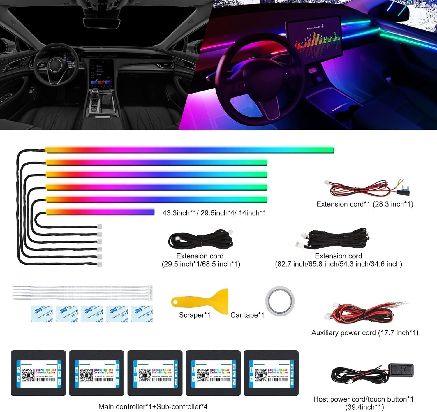 Customizable Car Interior LED Lighting Kit - Wireless APP with 16 Million Colors