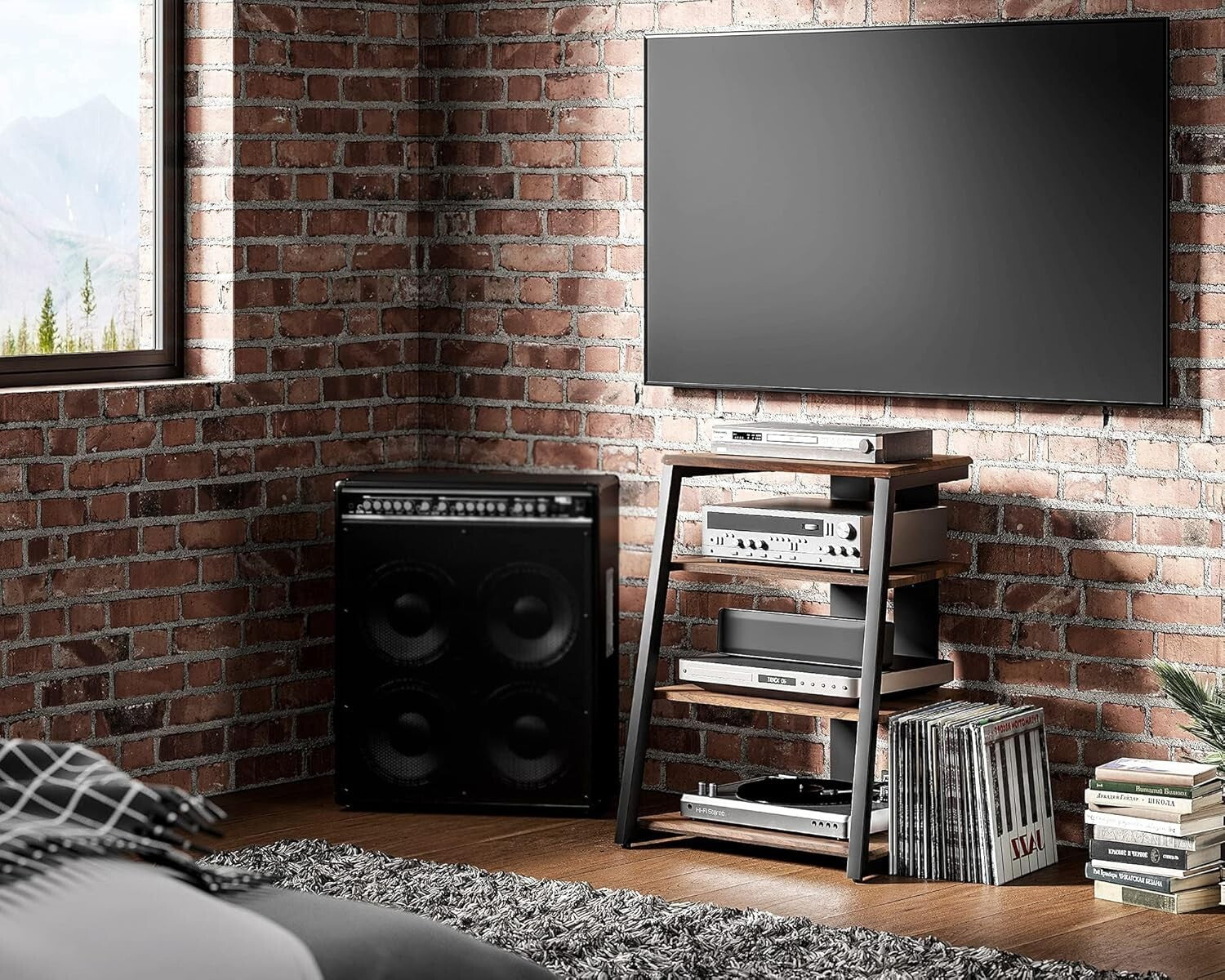 Elegant Corner Shelf for Record Player & Media with Adjustable Wooden Shelves