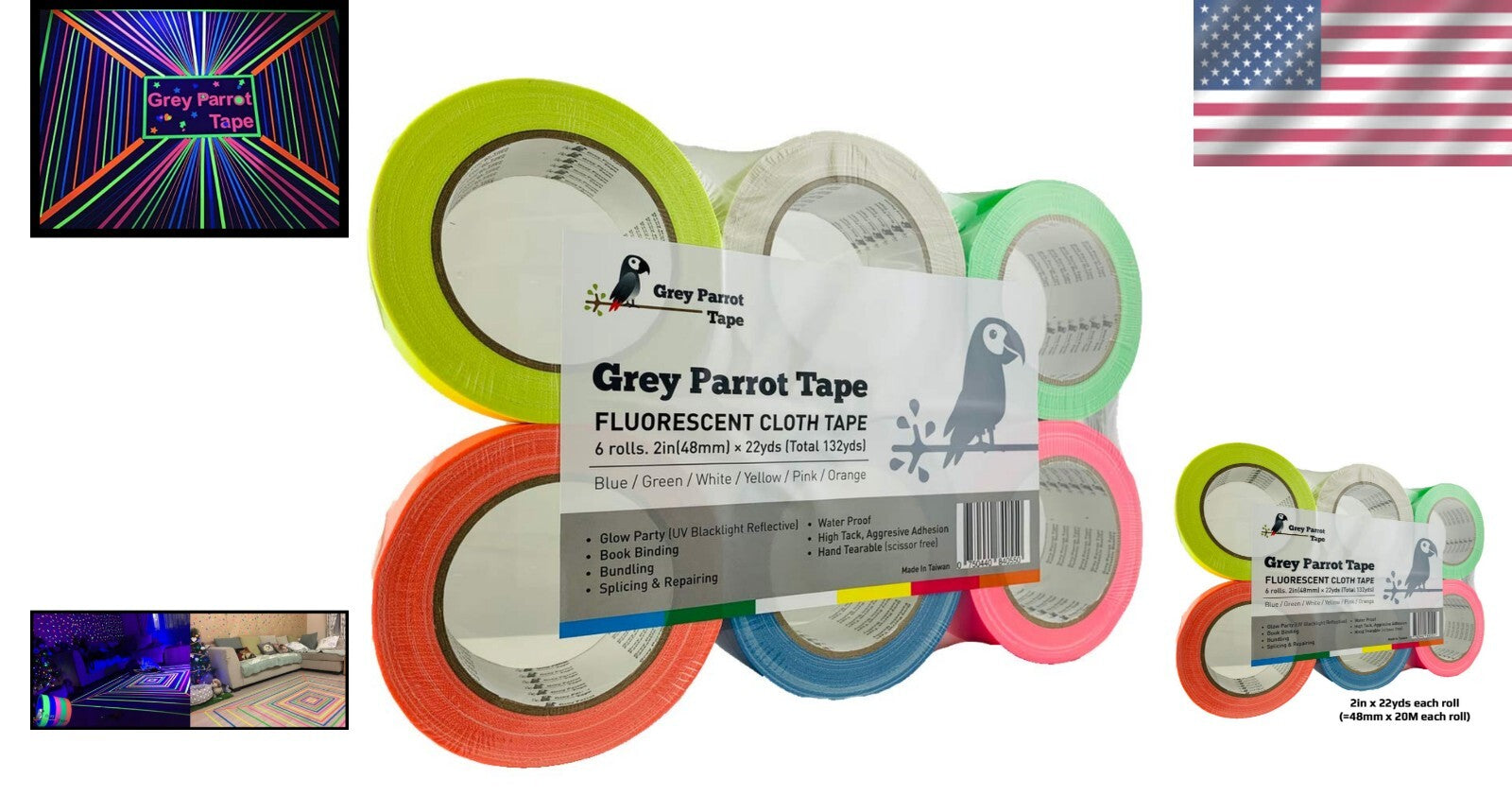 Cost-Effective Neon Glow Party Tape – 6 Colors, Easy-Tear 66ft Rolls Under UV