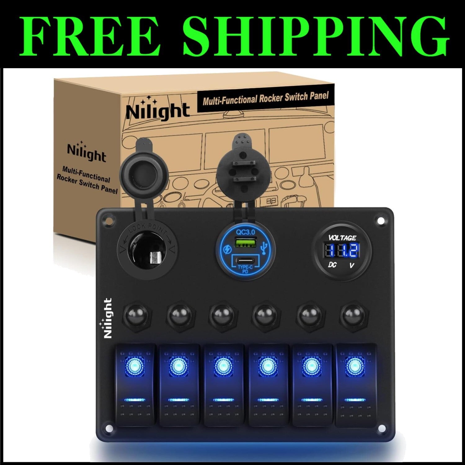 Pre-Wired 6 Gang Switch Panel Featuring LED Voltmeter & Cigarette Lighter Socket