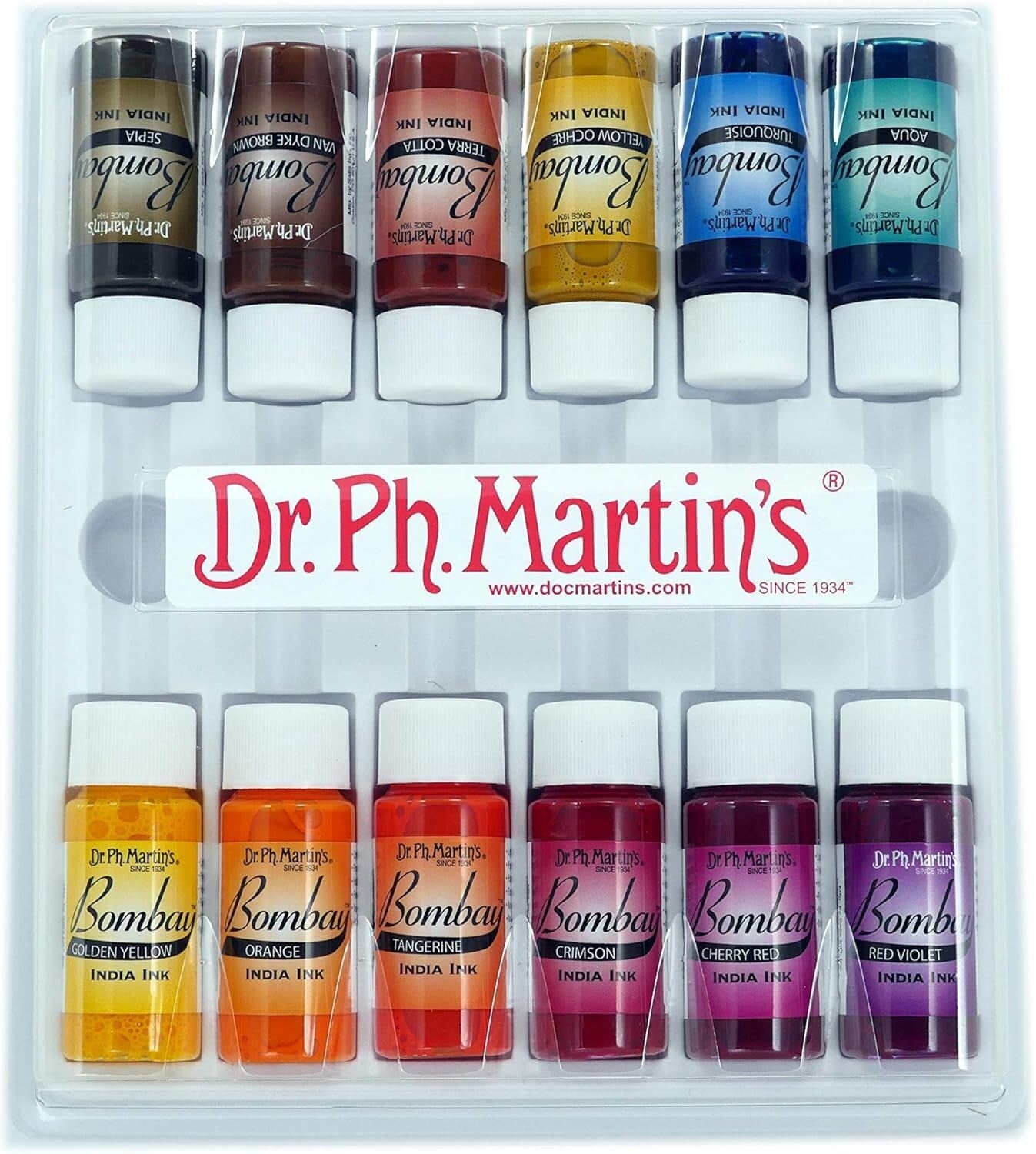 Waterproof Bombay India Ink Set, 12 Colors in 0.5 oz Bottles - Ideal for Artists