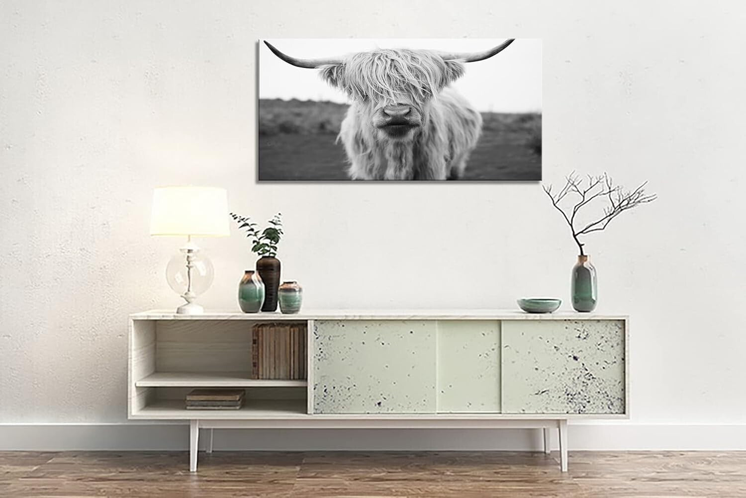 Elegant HC3650 Highland Cow Canvas Art - Black & White Wall Decor 20x40in