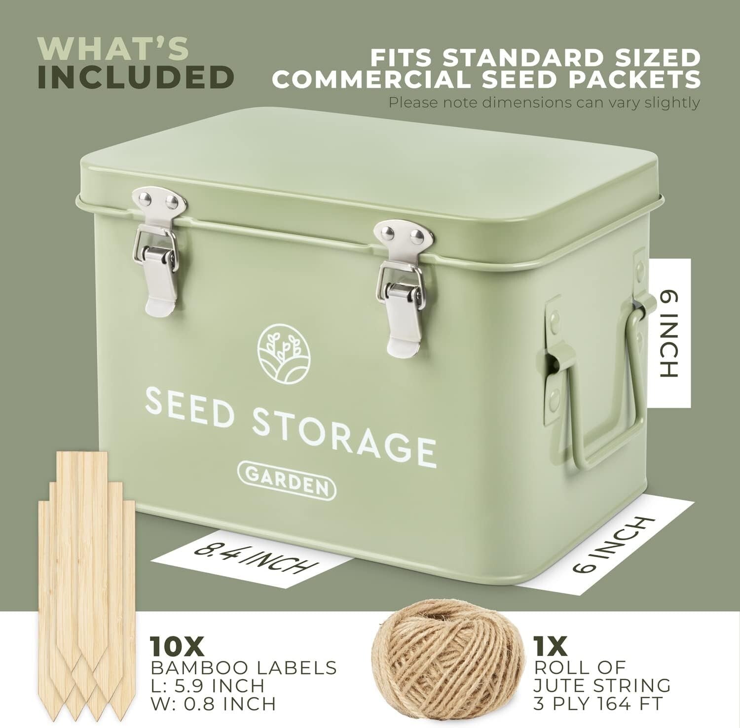 Elegant Metal Seed Storage Box with 3 Compartments & Bamboo Labels - Green