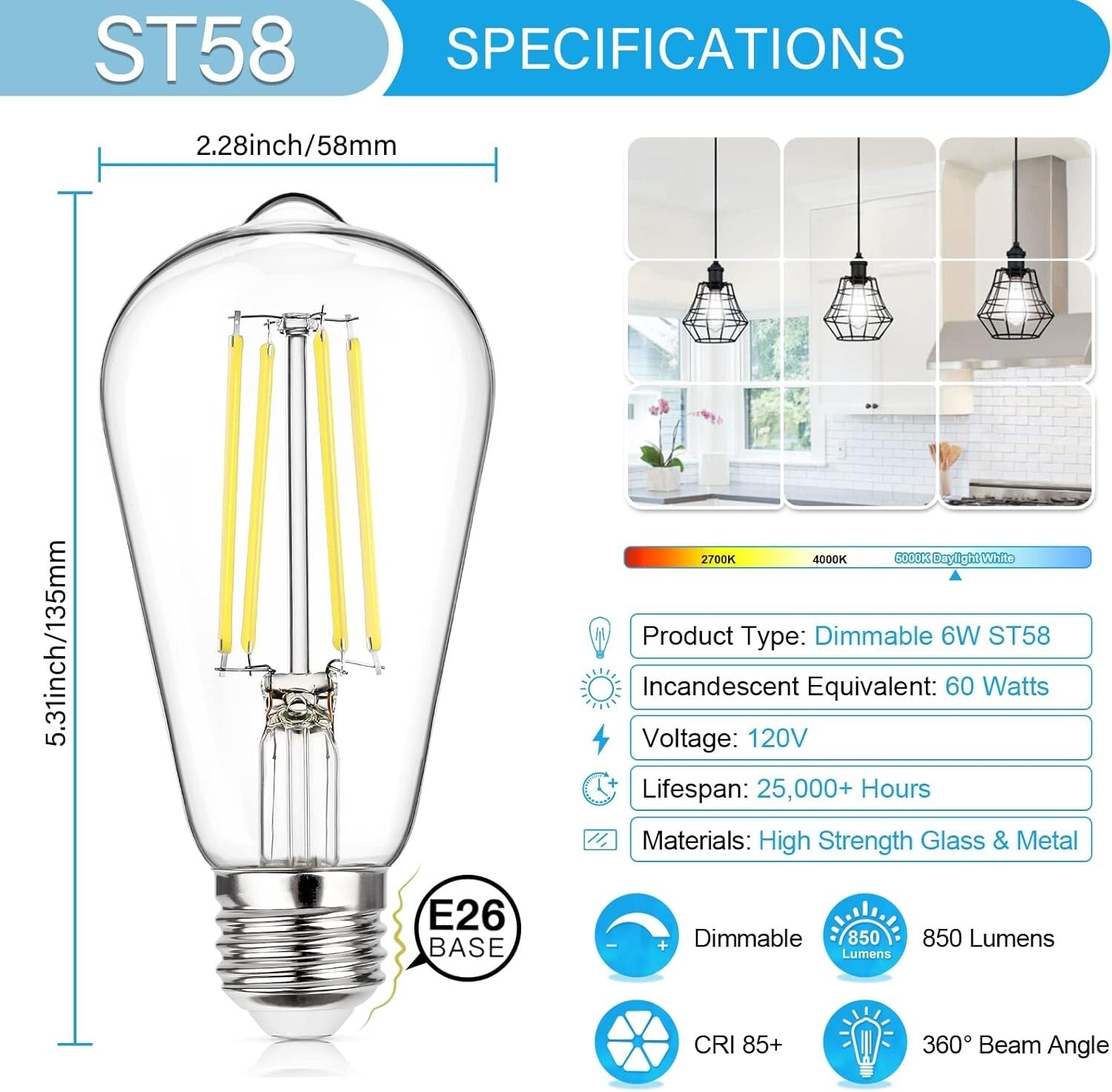 E26 Base 20-Pack Dimmable Vintage LED Bulbs - 6W 850 Lumens Daylight White Light