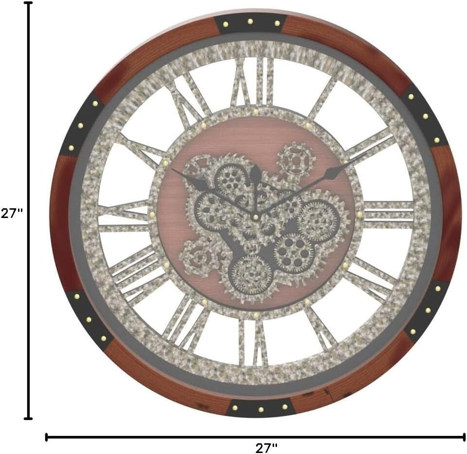 Elegant 27-Inch Vintage Farmhouse Clock with Real Moving Gears & Silent Movement